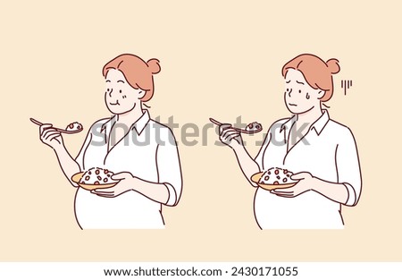 pregnant woman eating. Hand drawn style vector design illustrations.