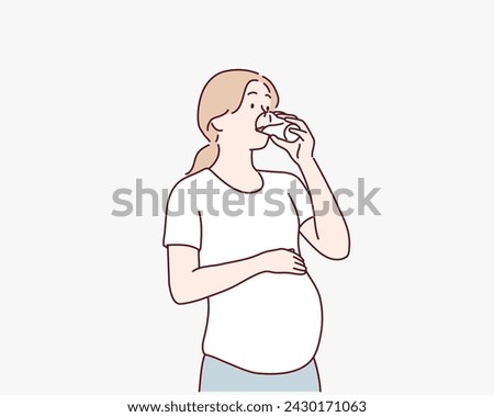 The pregnant woman drinking water. Hand drawn style vector design illustrations.