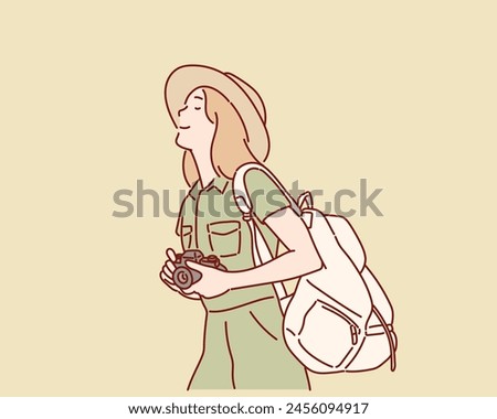 Tourist woman. Hand drawn style vector design illustrations.