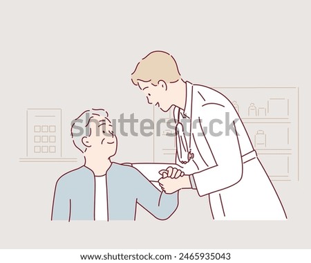 Health worker holding patient's hand. a senior man holding hands with a doctor. Hand drawn style vector design illustrations.