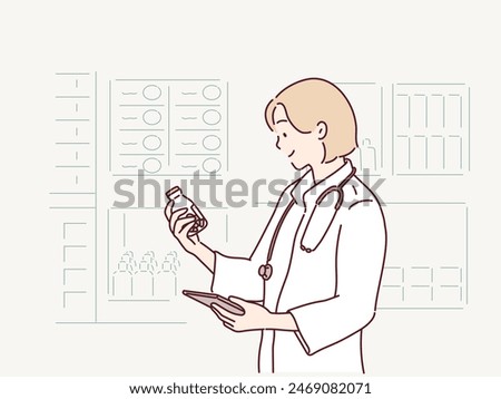 A female doctor holds pills in his hand. Hand drawn style vector design illustrations.