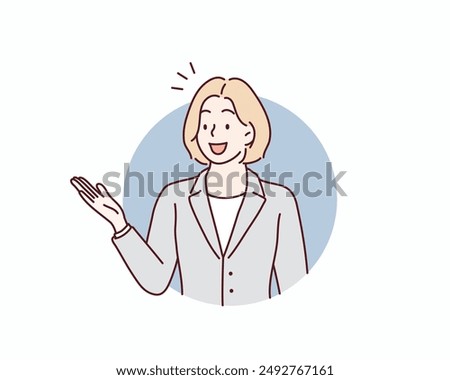 material of a woman in a suit who guides with a smile. Hand drawn style vector design illustrations.