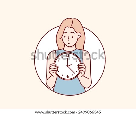 woman holding big clock. Hand drawn style vector design illustrations.