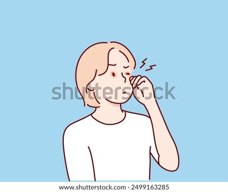 Woman suffers from sore eyes. Inflammation and sharp pain in eyes. Redness, dry eyes.Hand drawn style vector design illustrations.