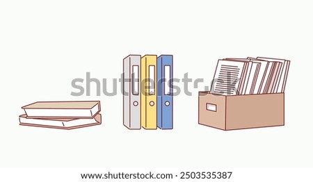 Pile of paper documents and file folders, Unorganized paper sheets and file binders. Hand drawn style vector design illustrations.