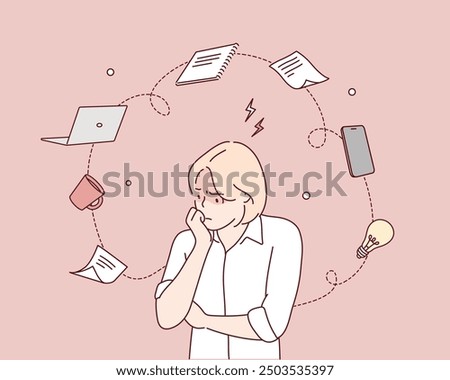 Focusing on problems. Work pressure. Too many thoughts in mind. Stress and anxiety. Hand drawn style vector design illustrations.