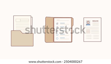 Set of vector office tools icons, elements for flat design - folder for papers, resume, documents. Hand drawn style vector design illustrations.