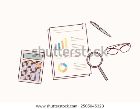 Accounting concept. Financial analysis, analytics, data capture, planning, statistics, research. Documents, forms, charts, graphs. Hand drawn style vector design illustrations.