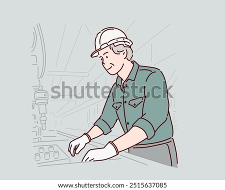 Factory technicians work on the front of the machine. Hand drawn style vector design illustrations.