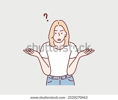 A woman who doesn't understand at all. thinks why. Woman with question mark.  Hand drawn style vector design illustrations.