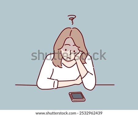 A bored woman looking at her smartphone. Hand drawn style vector design illustrations.