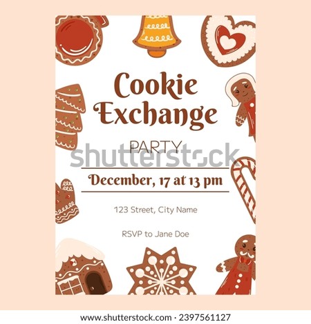 Christmas poster template, Invitation for Xmas cookie swap party. Vertical flyer decorated with gingerbread cookies, house, snowflake and candy cane, cookie man and woman