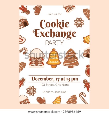 Christmas poster template, Invitation for Xmas cookie exchange party. Vertical flyer decorated with gingerbread cookies around the page and three big cookie in center - house, bell and tree