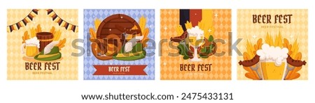 Beer festival square social media post collection template. Design with glass of beer, wheat and leaves, banner ribbon and other festive objects on light rhombus background