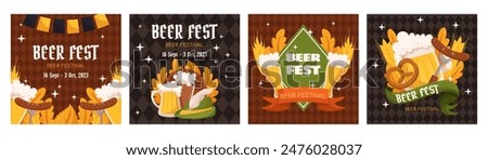 Beer festival square social media post collection template. Design with glass of beer, wheat and leaves, banner ribbon and other festive objects on dark rhombus background 