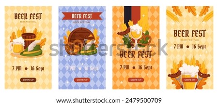 Beer festival vertical social media stories collection template. Design with glass of beer, wheat and leaves, banner ribbon and other festive objects on light rhombus background
