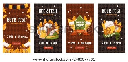 Beer festival vertical social media stories collection template. Design with glass of beer, wheat and leaves, banner ribbon and other festive objects on dark rhombus background
