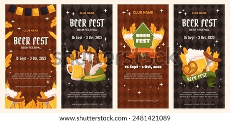 Beer festival vertical banner collection template. Design with glass of beer, wheat and leaves, banner ribbon and other festive objects on dark rhombus background