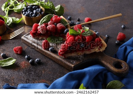 Similar – Image, Stock Photo Fruit berry pie and branch of lavender on table