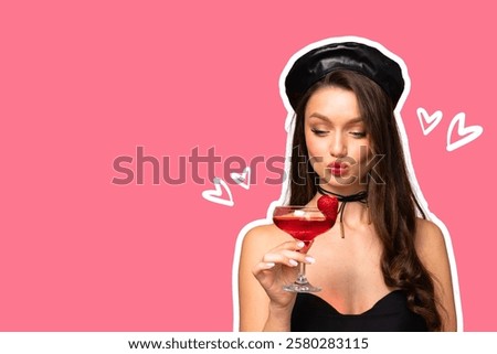 Similar – Image, Stock Photo Woman with glass kissing partner for joint selfie in park