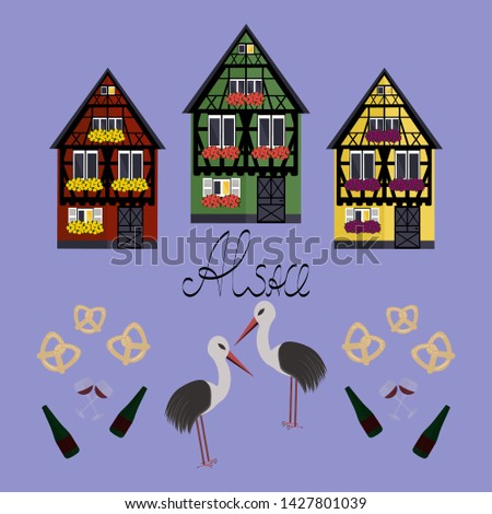 Pattern with three houses in Alsaces style. Green, yellow and red houses in Alsaces style. 