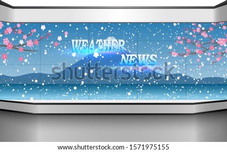 weater news studio room with the snow fall at the fuji mountain background