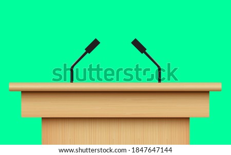 microphone and wooden podium on the green background