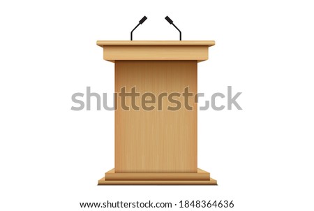 wooden announcement podium and microphone on the white background