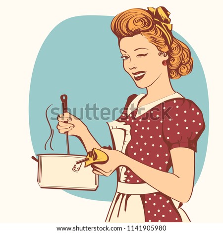 Retro young woman in retro clothes cooking soup in her kitchen room.Vector color illustration