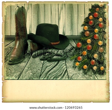 Vintage Cowboy christmas card.American background on old paper for text