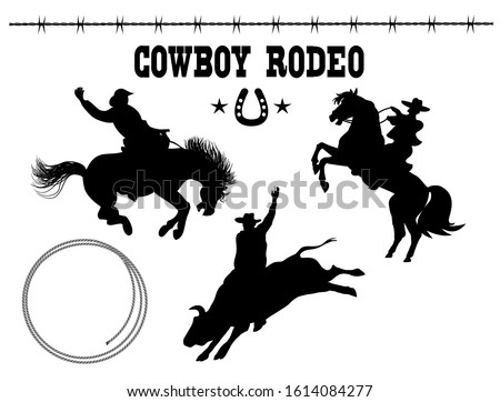 Rodeo. Vector American set of Rodeo. Black silhouette riders on bull and wild horse on white background with text