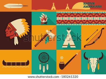 American indian set of icons.Vector illustration of flat design style