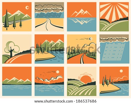 Nature landscape icons.Vector color posters