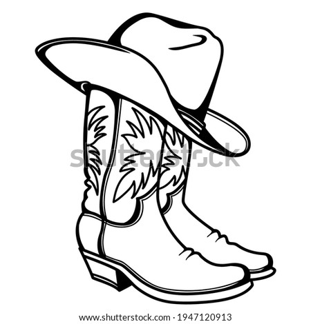 Cowboy boots and western hat. Vector graphic hand drawn illustration rodeo cowboy clothes isolated on white for print or design