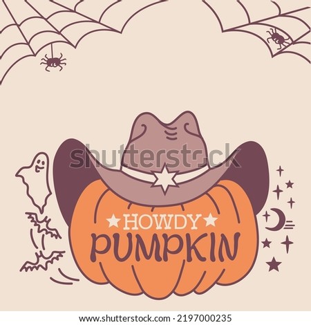 Happy Halloween Pumpkin cowboy western hat. Vector printable illustration with Howdy cowboy text on card background.