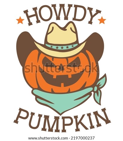 Happy Halloween Pumpkin cowboy western hat and bandanna. Vector printable illustration with Howdy cowboy text isolated on white background.