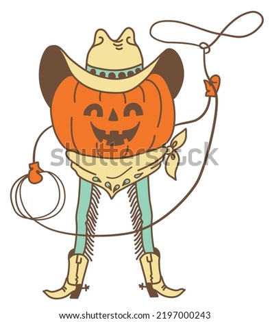 Pumpkin cowboy rodeo vector printable color illustration. Halloween pumpkin wearing cowboy hat and cowboy boots holds lasso isolated on white background.