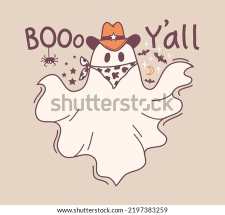 Halloween grost cowboy colors illustration. Vector hand drawn halloween cute ghost in cowboy hat and bandanna and Boo holiday text for card print or design.