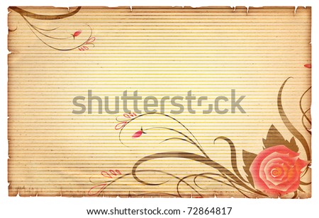 Floral vintage background.Old paper scroll with rose