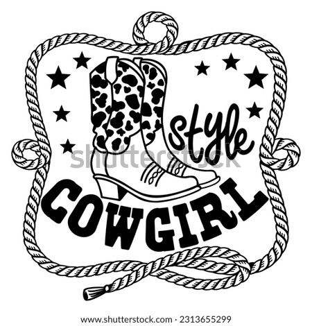 Cowgirl boots vector illustration isolated on white. Vector Cowgirl style cowboy boots with cow decoration and rope lasso frame for design