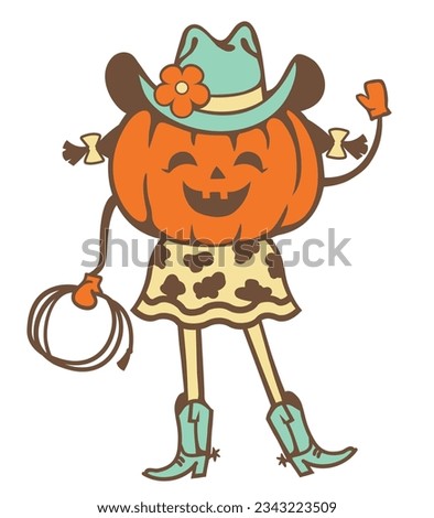Pumpkin cowgirl rodeo vector printable color illustration. Halloween pumpkin wearing cowboy hat and cowboy boots holds lasso isolated on white background.