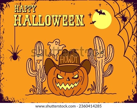 Halloween Pumpkin cowboy vector illustration. Pumpkin wearing cowboy hat with howdy text and American desert cactuses. Vector hand darwn line style illustration card background.