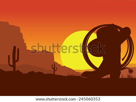 American wild west desert with cowboy boots and lasso.Vector sunset landscape
