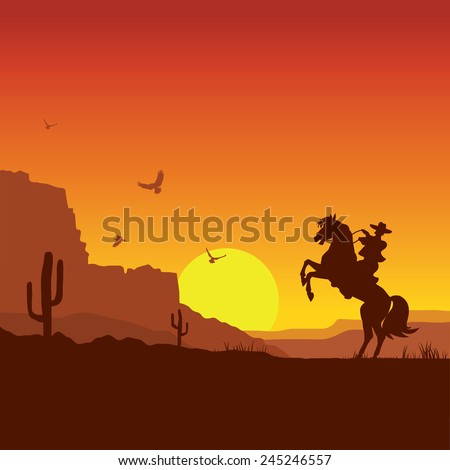 American wild west desert with cowboy on horse.Vector sunset landscape