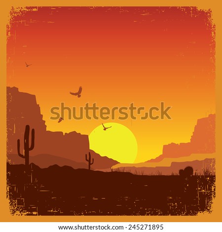 American wild west desert on old paper texture.Vector sunset landscape