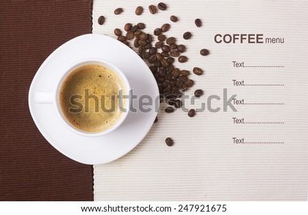 Black coffee in white cup.Coffee menu background for text