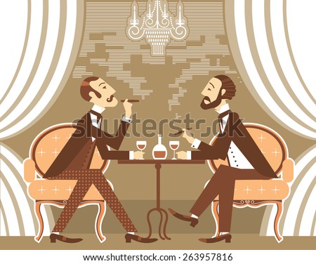Gentlemen smoking cigares and sitting in tobacco smoke.Vector vintage gentleman's club Stock fotó © 