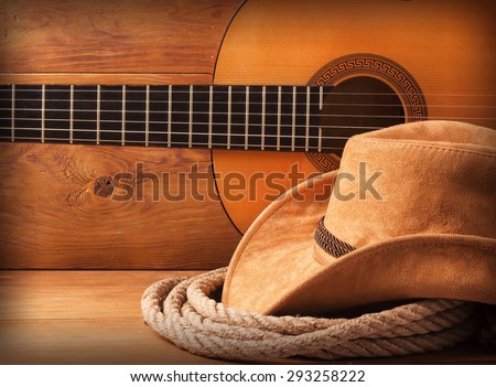 Country american music background with cowboy hat and lasso