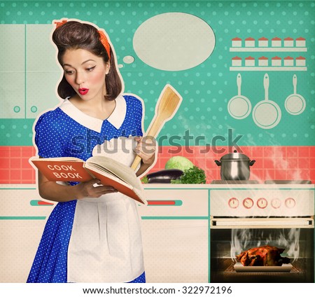 Retro young attractive woman overlooked roast chicken in an oven.Housewife looking a cookbook in her kitchen interior. Poster on old paper