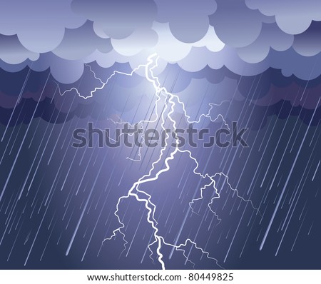 Lightning strike.Vector rain image with dark clouds